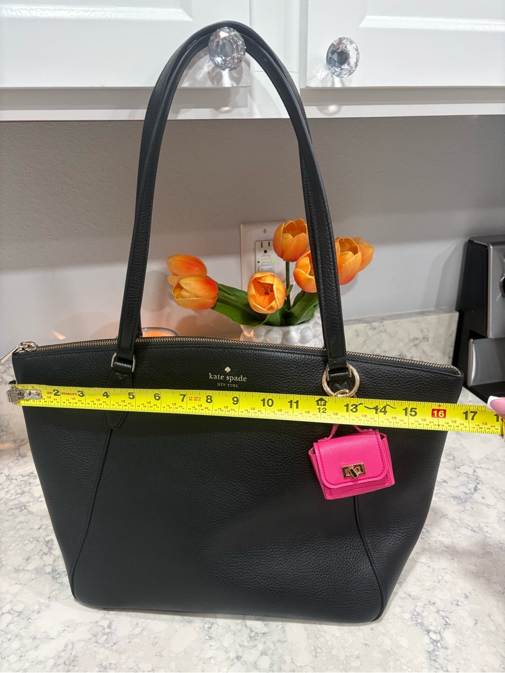 kate spade Black Leather Tote with Hot Pink Charm